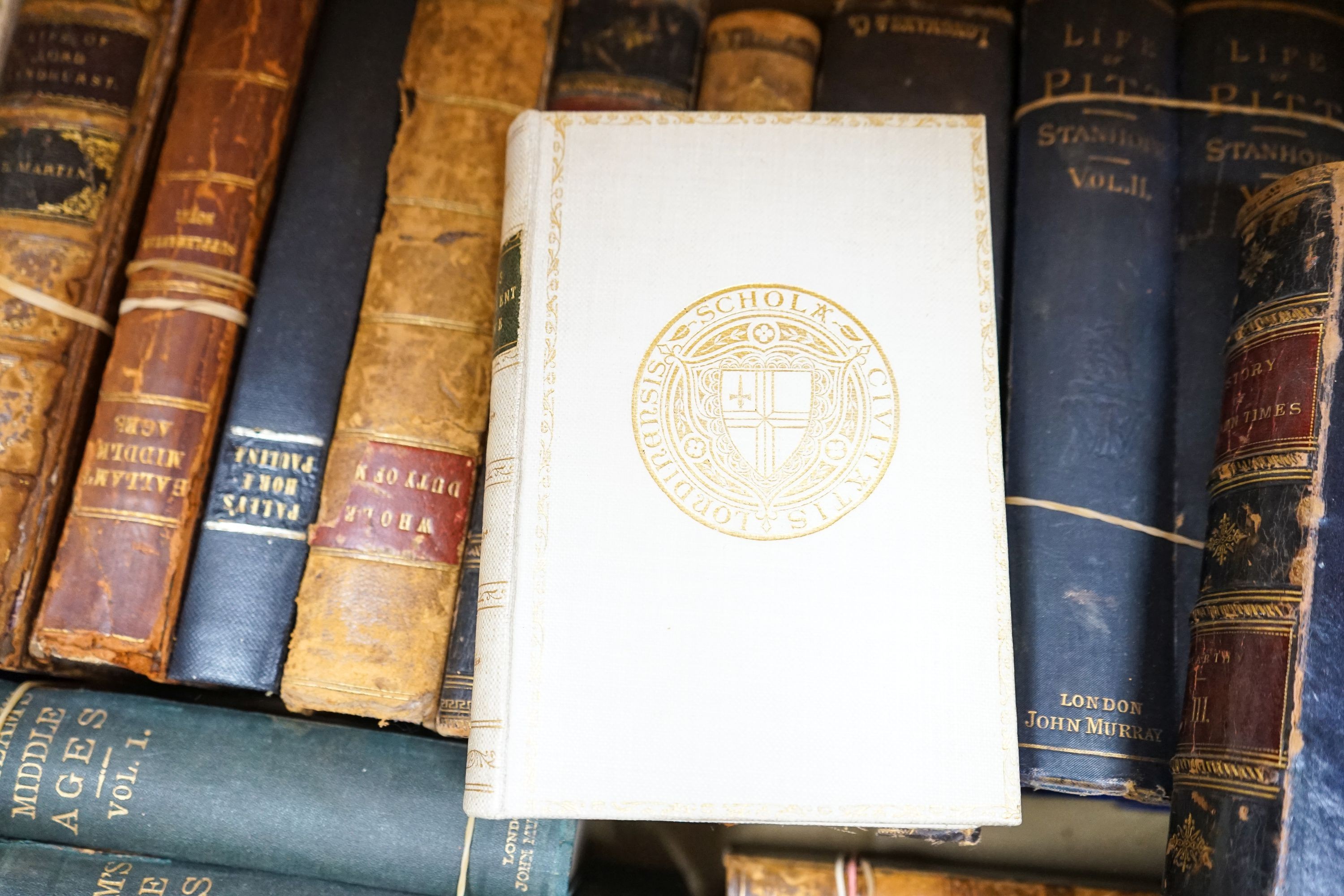 A collection of leather bound books, including The Truth of The Scripture 1796 to follow The Whole Duty of Man 1808 and Pompeii-Dyer 1875